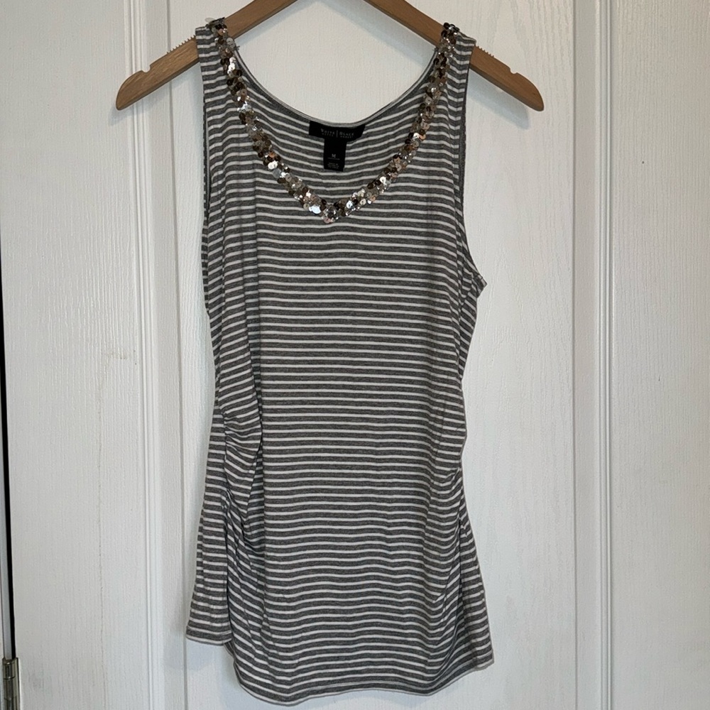 White House Black Market Grey and White Stripe Tank with Sequined V Neck
